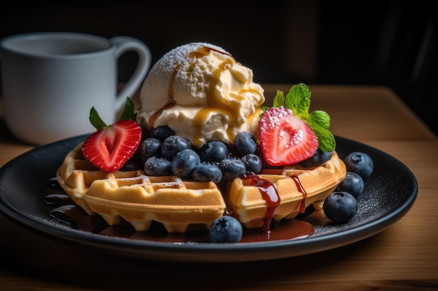 Golden waffle with fresh fruit and melting ice cream generative IA