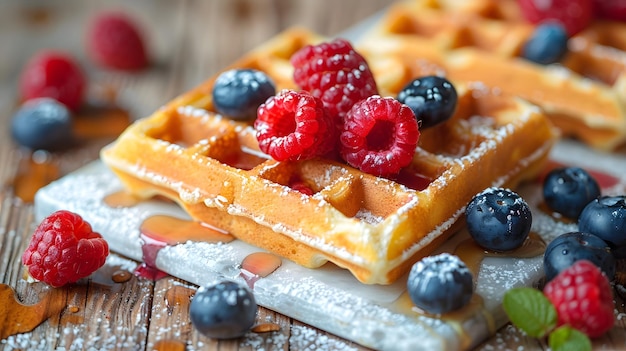 Golden waffles on a white marble countertop topped with fresh blueberries and raspberries elegant fo