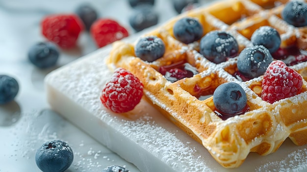 Golden waffles on a white marble countertop topped with fresh blueberries and raspberries elegant fo