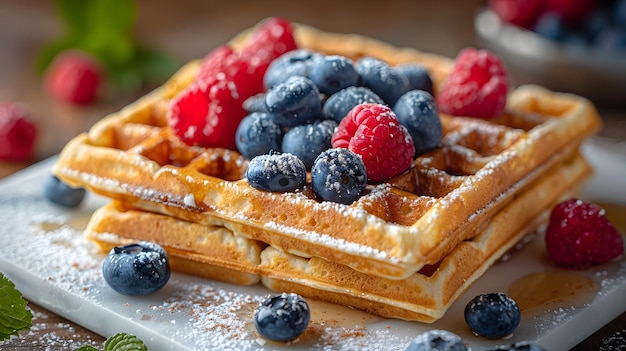 Golden waffles on a white marble countertop topped with fresh blueberries and raspberries elegant fo