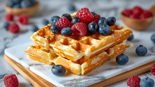 Golden waffles on a white marble countertop topped with fresh blueberries and raspberries elegant fo