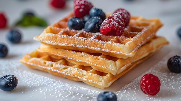 Golden waffles on a white marble countertop topped with fresh blueberries and raspberries elegant fo