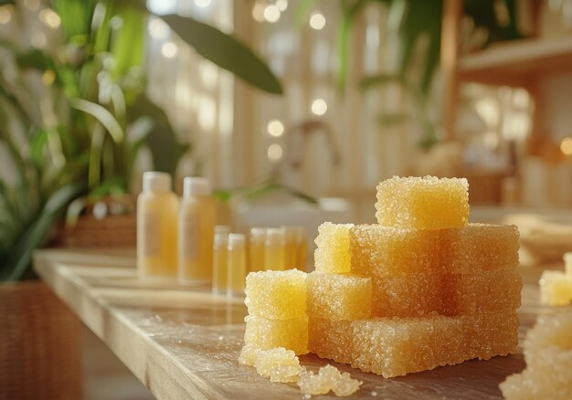 Golden wax blocks and skincare bottles are arranged in a bright tranquil indoor setting with plants