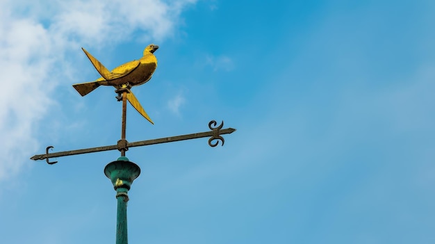 Golden weather vane showing wind direction on blue sky background