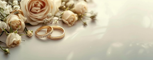 Golden Wedding Bands Surrounded by Delicate Roses