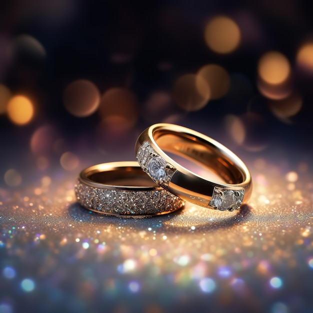 golden wedding rings in the center on the white floor with sparkling background