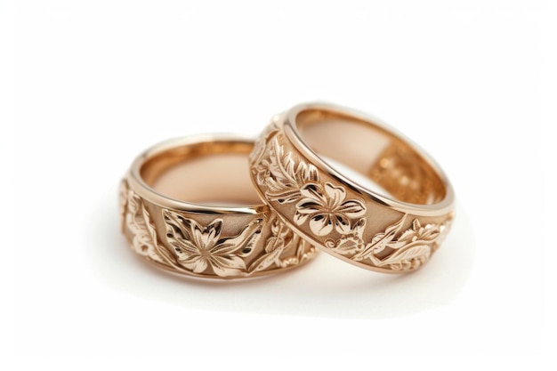 Golden wedding rings on a white background Bride and Groom Rings