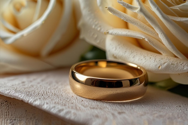 Photo golden wedding rings on the white rose from the wedding bouquet