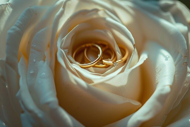 Golden wedding rings on the white rose from the wedding