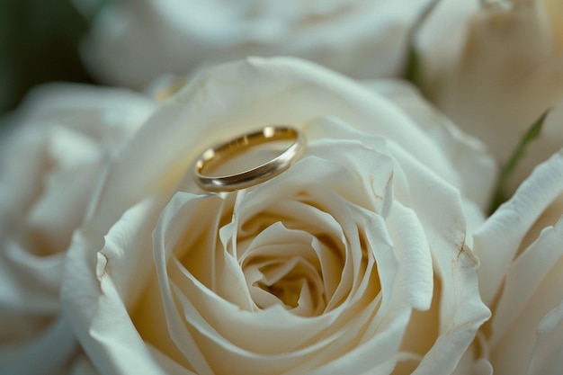 Golden wedding rings on the white rose from the wedding