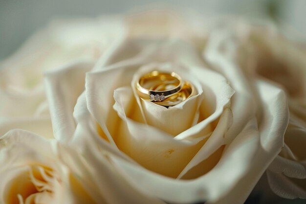 Golden wedding rings on the white rose from the wedding