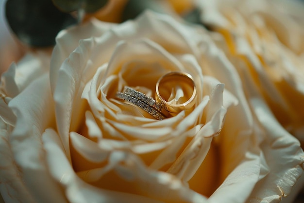 Golden wedding rings on the white rose from the wedding