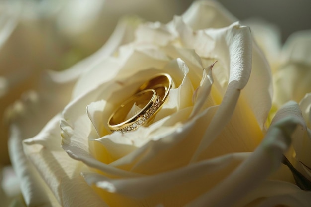 Golden wedding rings on the white rose from the wedding