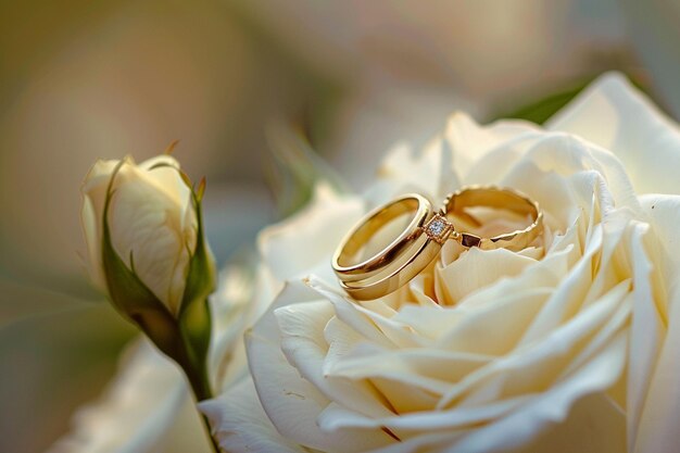 Golden wedding rings on the white rose from the wedding