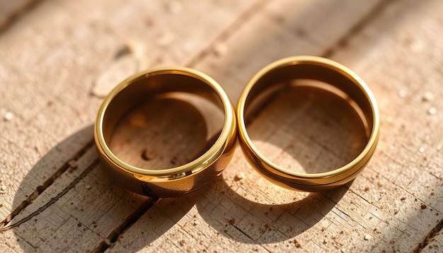 Photo golden wedding rings on wood isolated with white highlights