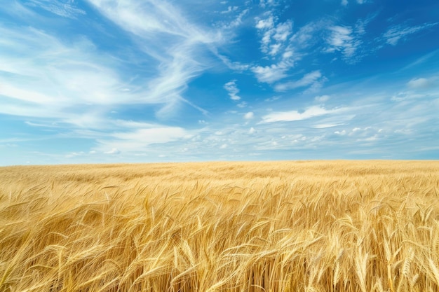 A golden wheat field under a blue sky