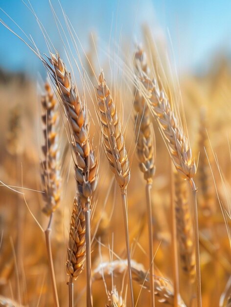 Golden Wheat Field Close Up Against Blue Sky Agricultural Harvest Farming Nature Rural Landscap