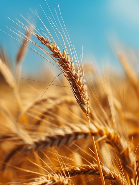 Golden Wheat Field CloseUp Under Blue Sky Agriculture and Harvest Concept