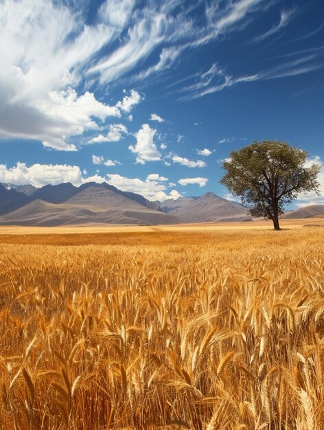 Golden Wheat Field Under Dramatic Sky with Lone Tree and Mountain Backdrop