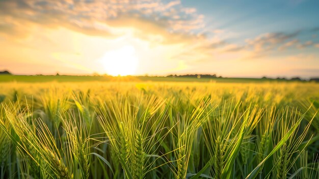 Golden wheat field glowing under the warm sunset sky