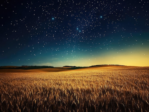 Golden Wheat Field Under a Night Sky Filled with Shooting Stars