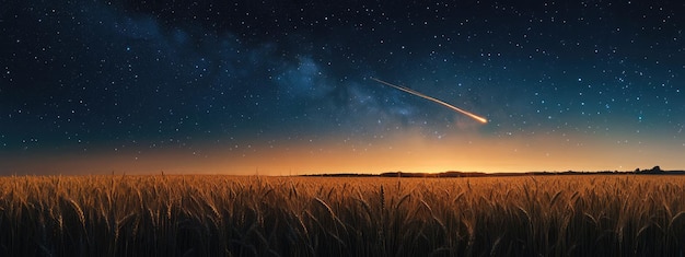 Golden Wheat Field Under a Night Sky Filled with Shooting Stars