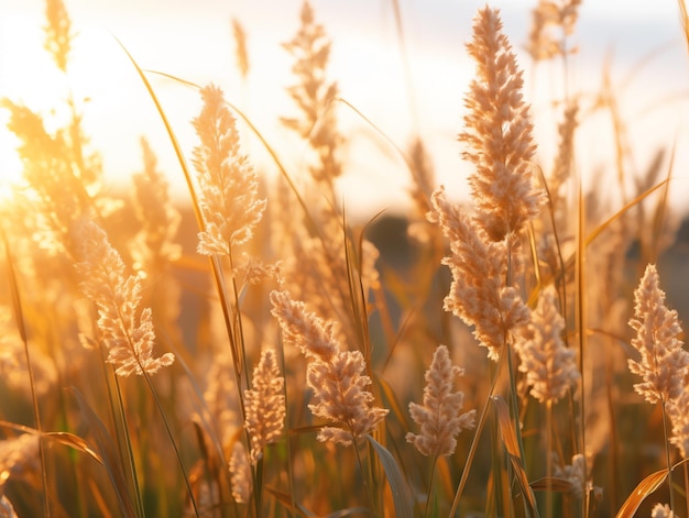 Golden wheat field shines in the sunset at the end of a summer day