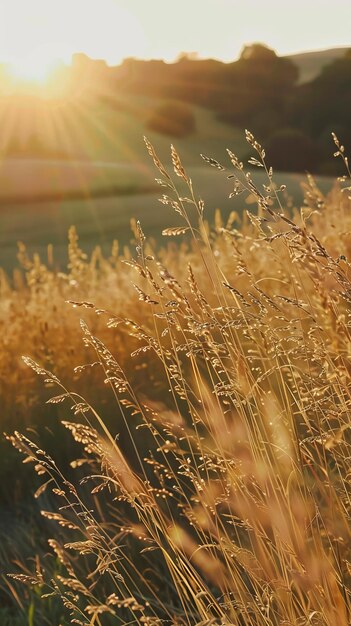 Golden wheat field at sunset closeup view Nature and serenity concept