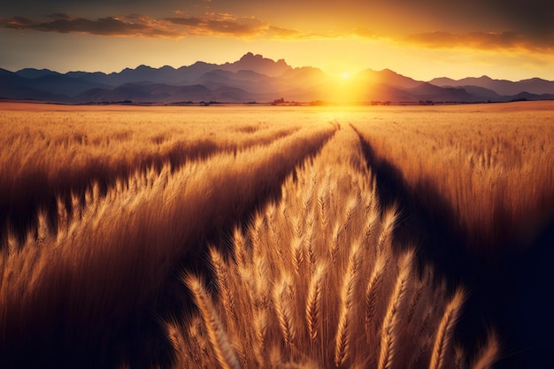 Golden wheat field at sunset in the evening Natures harvest is growth farm in agriculture