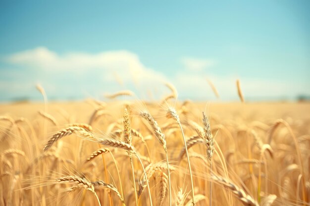 Golden wheat field swaying under clear blue sky sunlit scene with soft focus and serene atmosphere