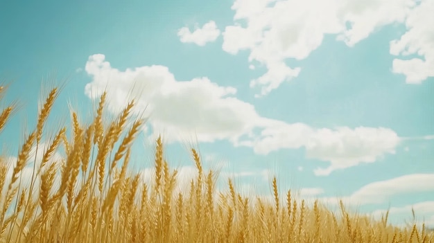 Photo golden wheat field swaying gently in the breeze under bright blue sky with soft cloud shadows ai generated illustration