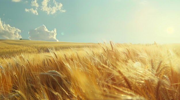 Photo a golden wheat field swaying gently under the bright sun on a clear day with a few fluffy clouds