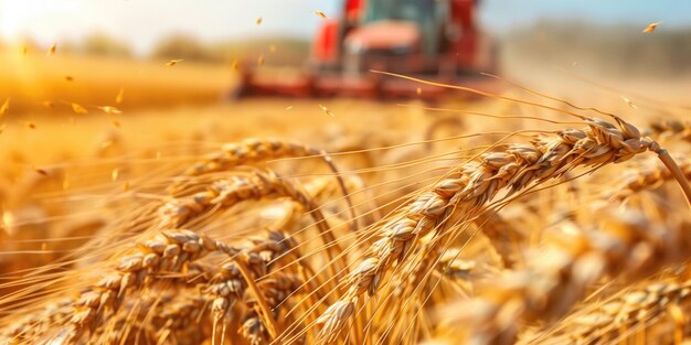 Golden wheat field with combine harvester in the background during harvest