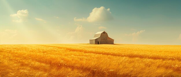 Photo golden wheat field with crops swaying in the breeze a rustic barn in the distance and a clear expansive sky above