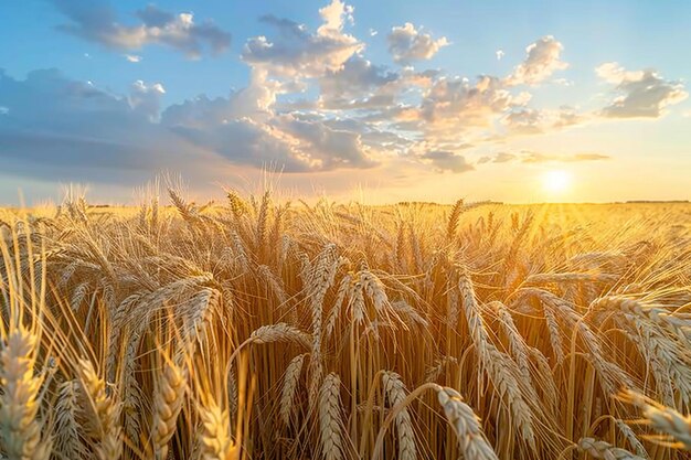 Photo the golden wheat fields under the blue sky and white clouds with sunbeams shining on them the sun