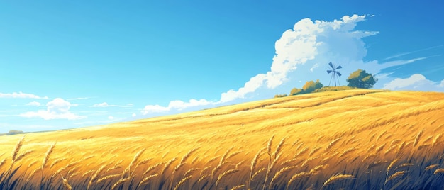 Photo golden wheat fields and windmill under a clear blue sky