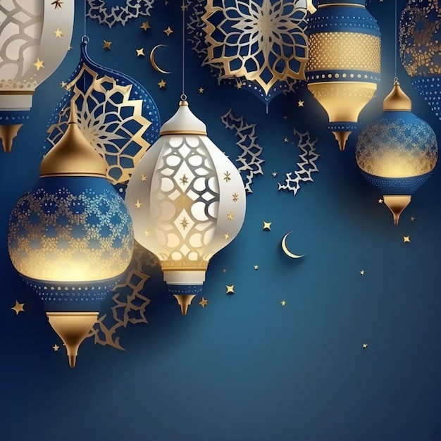 Golden and white lanterns islamic ramadan falling confetti blue background