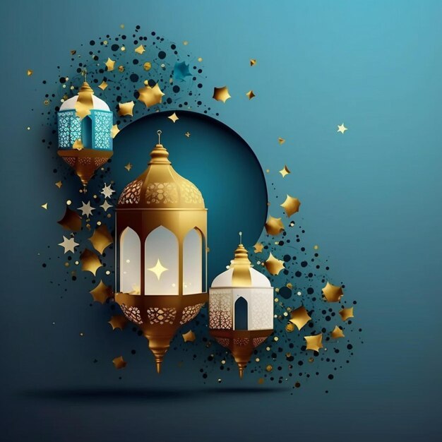 Golden and white lanterns islamic ramadan falling confetti blue background