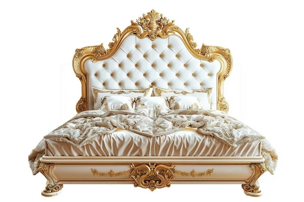 Photo a golden and white luxury king sized bed isolated on a white background