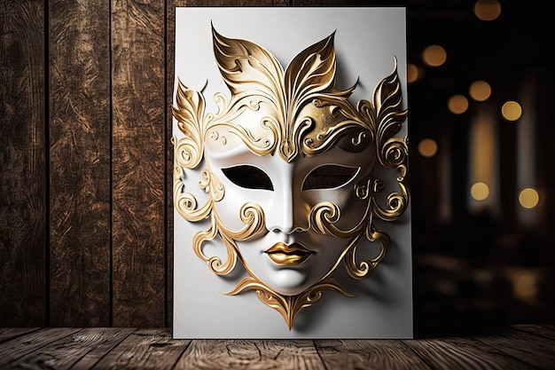 Golden and white Venetian mask on a hardwood background with copy space