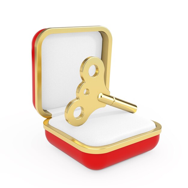 Golden Windup Key in the Red Gift Box on a white background. 3d Rendering