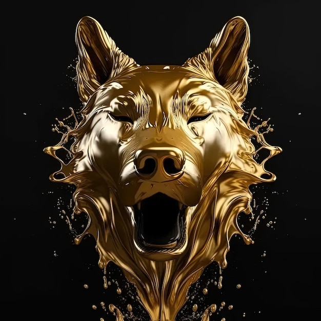 A golden wolf head with its mouth open