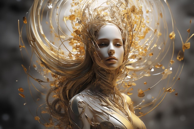 Golden Woman Surrounded by Abstract Gold Floral Design