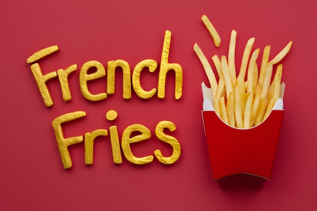 Photo golden yellow french fries font with red container and perfectly arranged fries beside