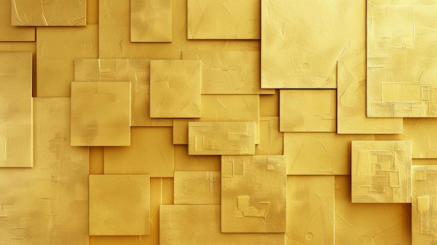 Golden yellow wall with squares of different sizes and textures The background is a white wall wit