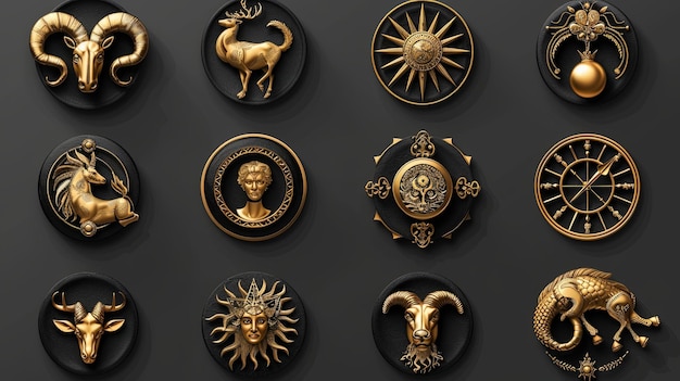 Photo golden zodiac symbols on black circular bases