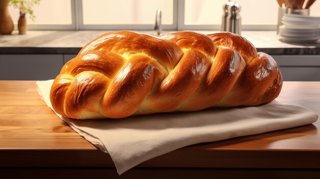 Goldenbrown challah bread on a wooden table bathed in soft light symbolizing tradition and homemade warmth