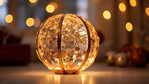 A goldengraved orb light in the center of a wooden table reflects and sparkles