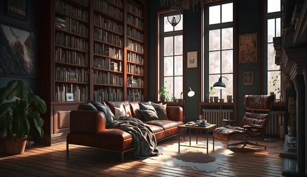 GoldenLady_photo_of_modern_masculine_library_natural_lighting