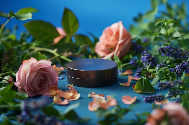 A goldenrimmed container rests amidst a vibrant lavender field surrounded by scattered rose petals